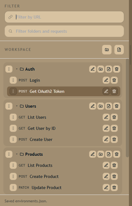 Workspace folder tree with organized requests